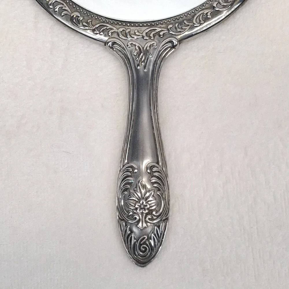 Ornate Silver-Tone Floral Metal Handheld Vanity Mirror Approx. 9 in